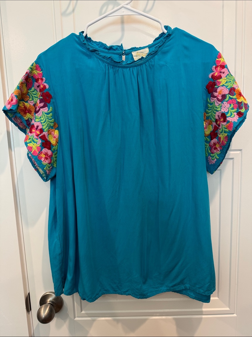 Turquoise Embroidered Short-Sleeve Blouse